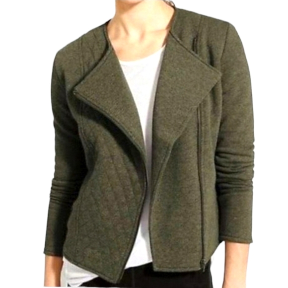 Athleta Jackets & Blazers - Athleta Belvedere Quilted  Asymmetrical Zip Moto Jacket Olive Green Pocket Sz M